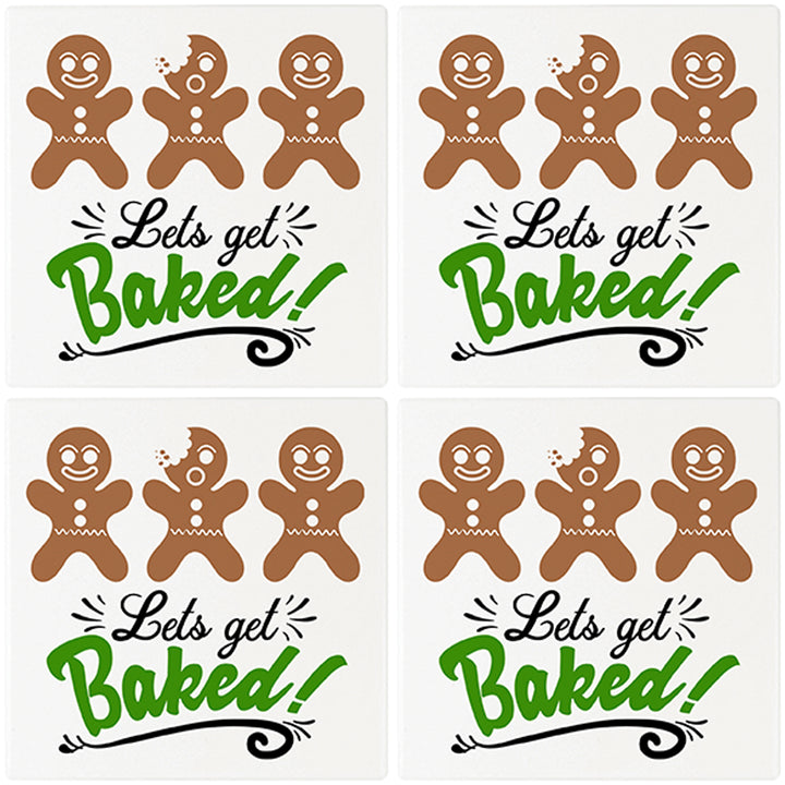 [Set of 4] 4" Premium Absorbent Ceramic Square Christmas Holiday Humor Gift Housewarming Coasters - Let's Get Baked