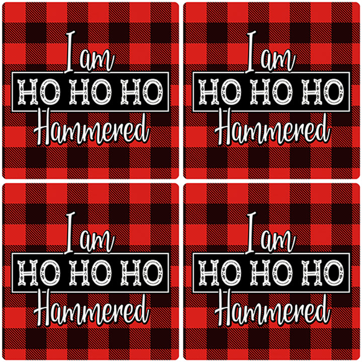 [Set of 4] 4" Premium Absorbent Ceramic Square Christmas Holiday Humor Gift Housewarming Coasters - I am HoHoHo Hammered