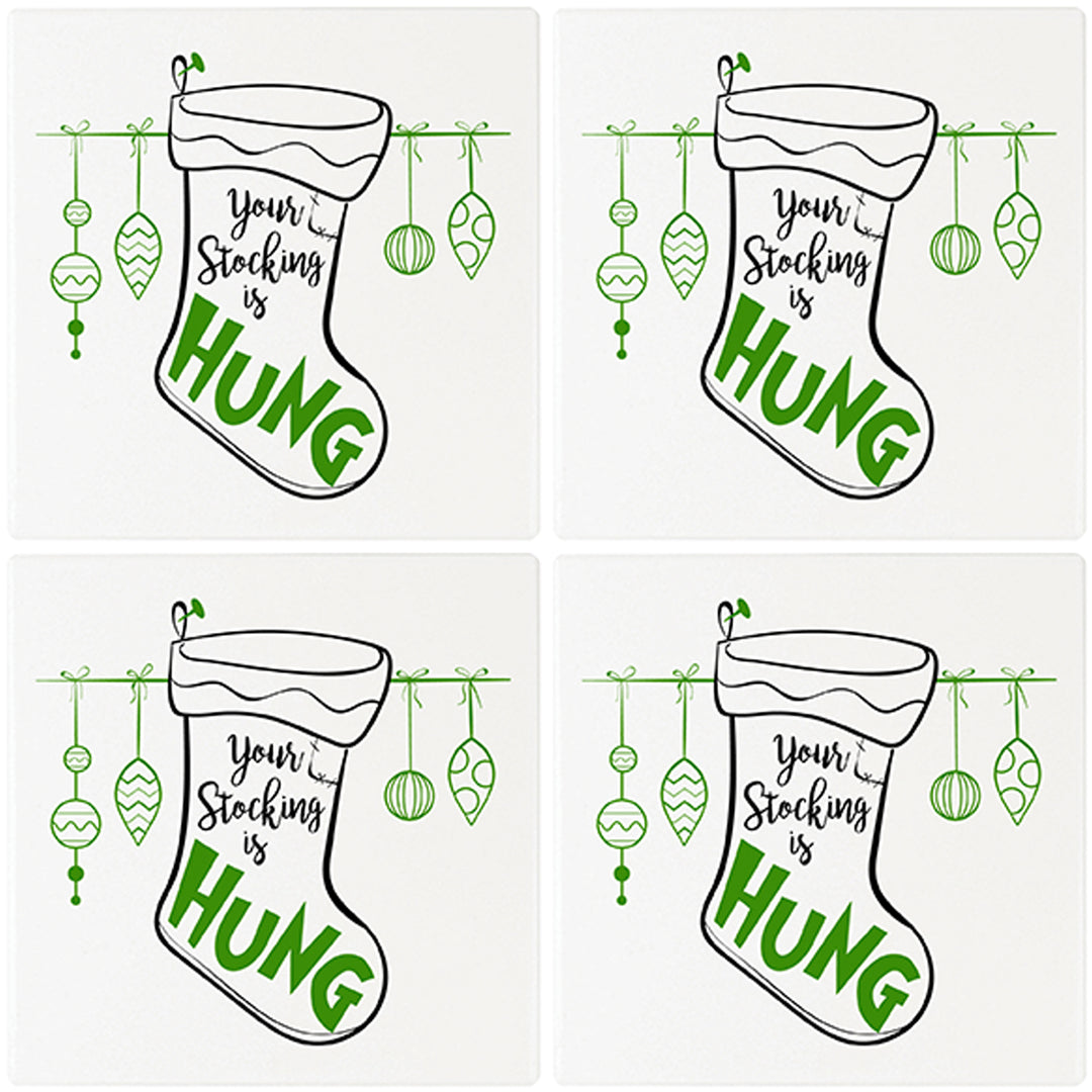 [Set of 4] 4" Premium Absorbent Ceramic Square Christmas Holiday Humor Gift Housewarming Coasters - Your Stocking Is Hung