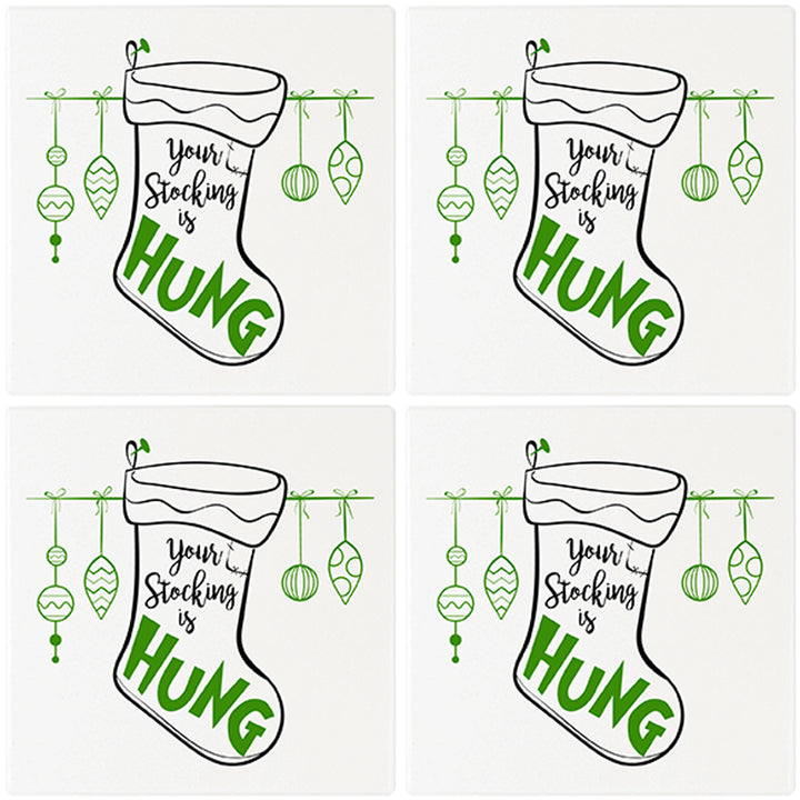 [Set of 4] 4" Premium Absorbent Ceramic Square Christmas Holiday Humor Gift Housewarming Coasters - Your Stocking Is Hung