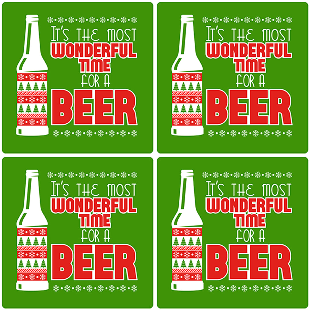 [Set of 4] 4" Premium Absorbent Ceramic Square Christmas Holiday Humor Gift Housewarming Coasters - It's The Most Wonderful Time For Beer
