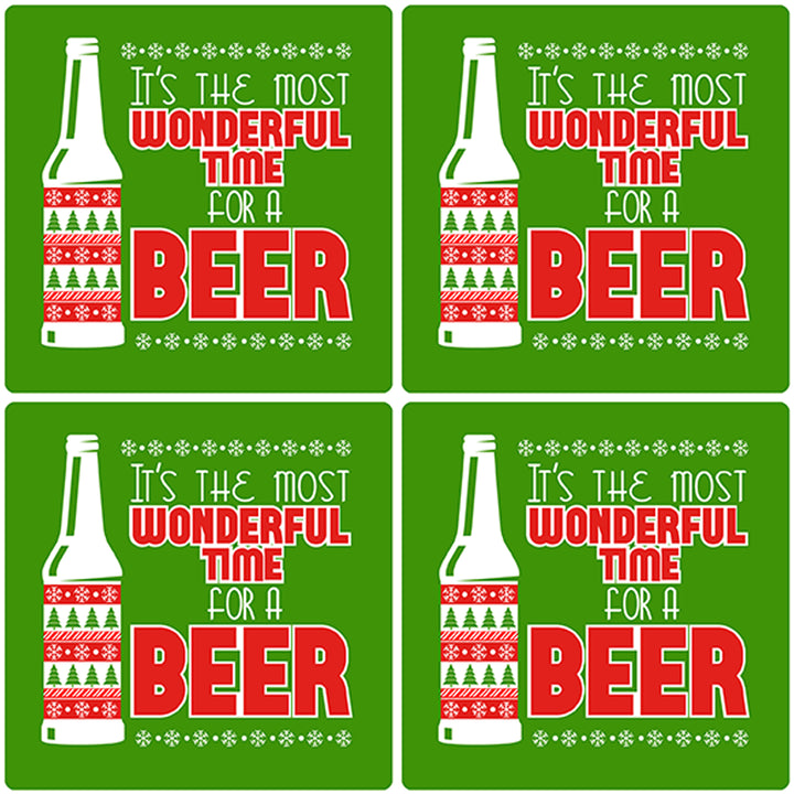 [Set of 4] 4" Premium Absorbent Ceramic Square Christmas Holiday Humor Gift Housewarming Coasters - It's The Most Wonderful Time For Beer