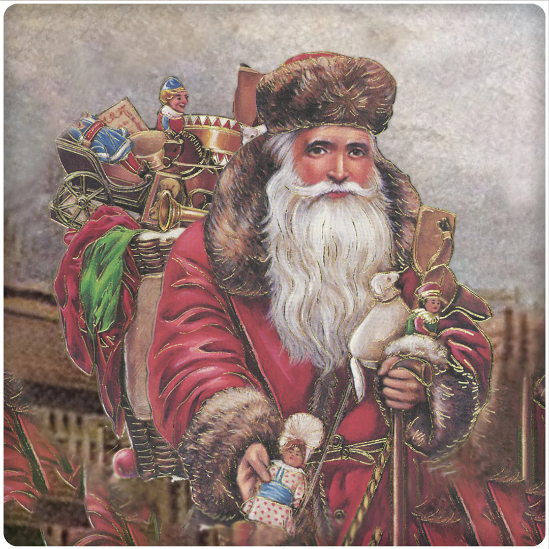 4 Inch Square Ceramic Coaster Set, Historic Santa with Gift Bag on Back, 2 Sets of 4, 8 Pieces - Christmas by Krebs Wholesale