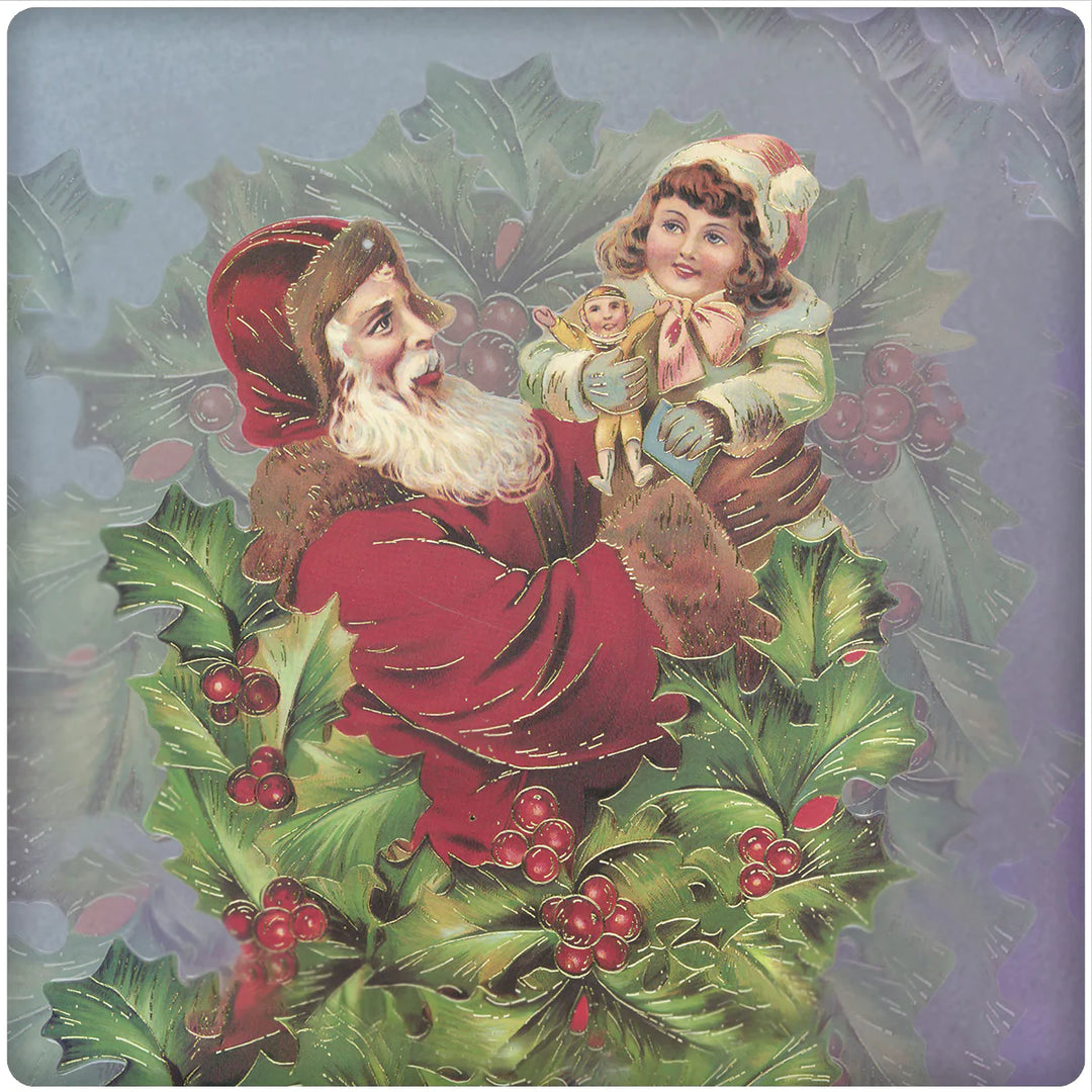4 Inch Square Ceramic Coaster Set, Historic Santa with Child and Greenery, 2 Sets of 4, 8 Pieces - Christmas by Krebs Wholesale