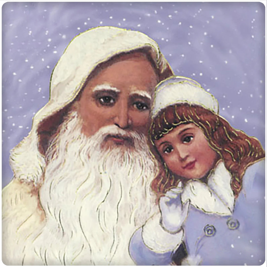 4 Inch Square Ceramic Coaster Set, Historic Santa with Child - Purple, 2 Sets of 4, 8 Pieces - Christmas by Krebs Wholesale