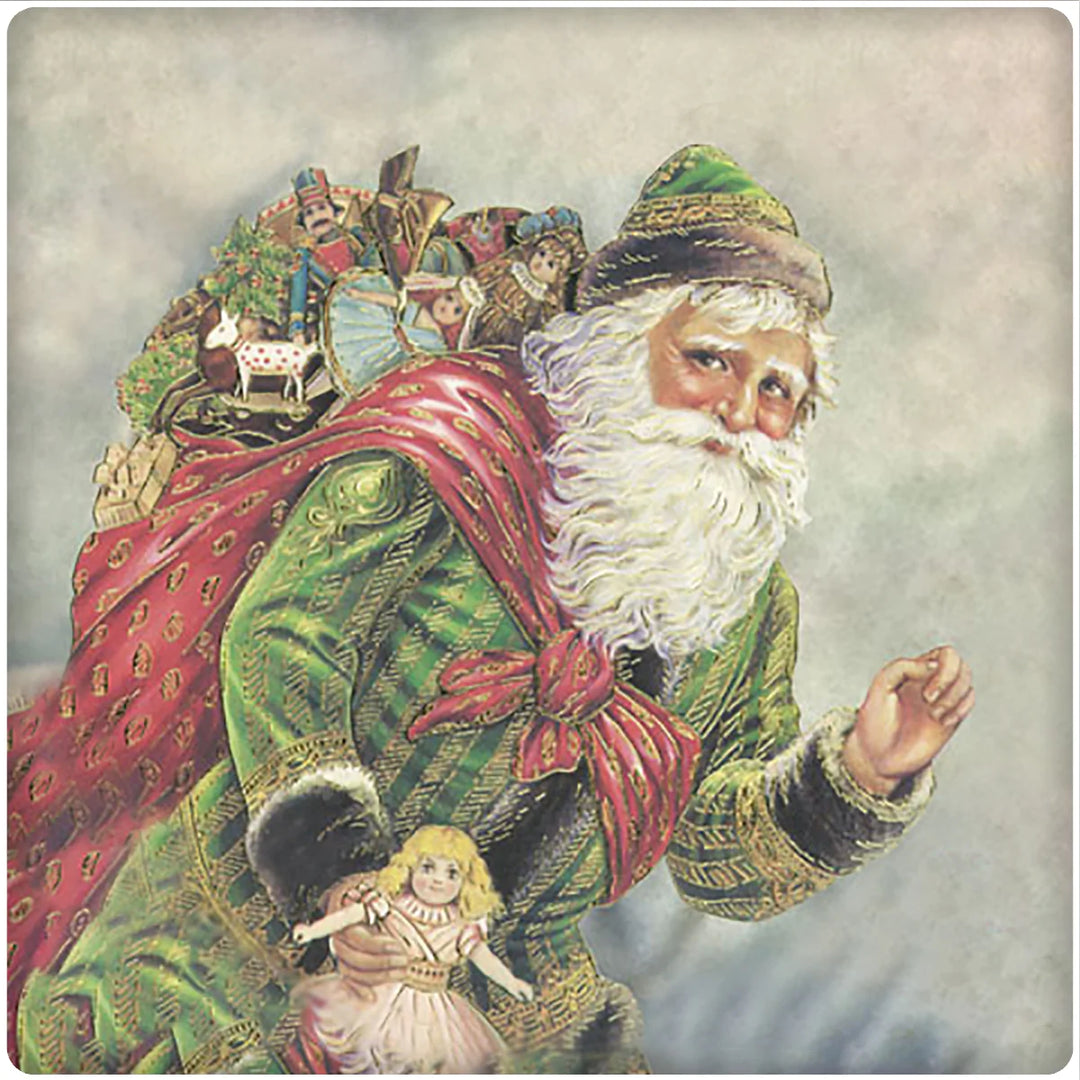 4 Inch Square Ceramic Coaster Set, Historic Santa in Green, 2 Sets of 4, 8 Pieces - Christmas by Krebs Wholesale