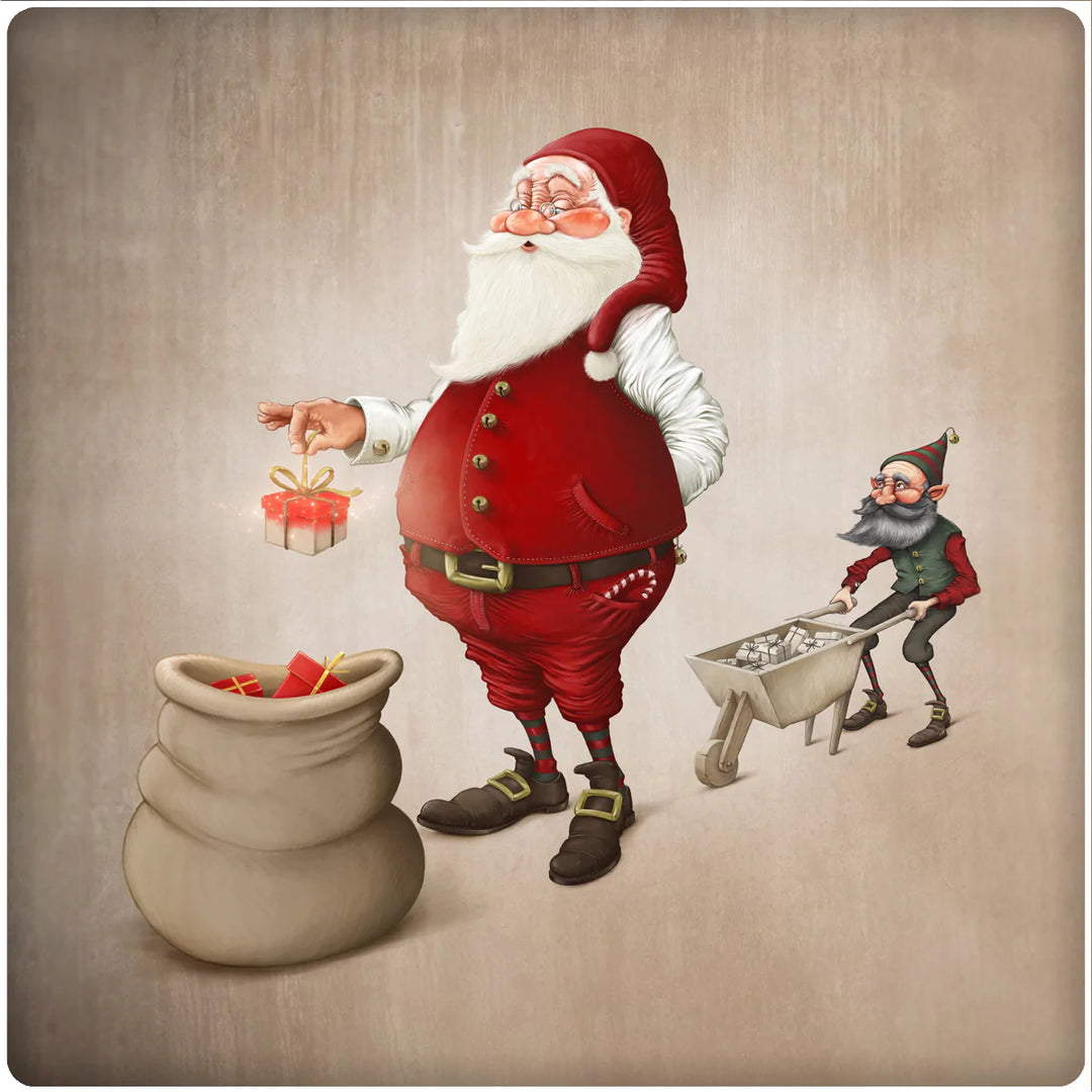 4 Inch Square Ceramic Coaster Set, Nostalgic Santa with Helper, 2 Sets of 4, 8 Pieces - Christmas by Krebs Wholesale