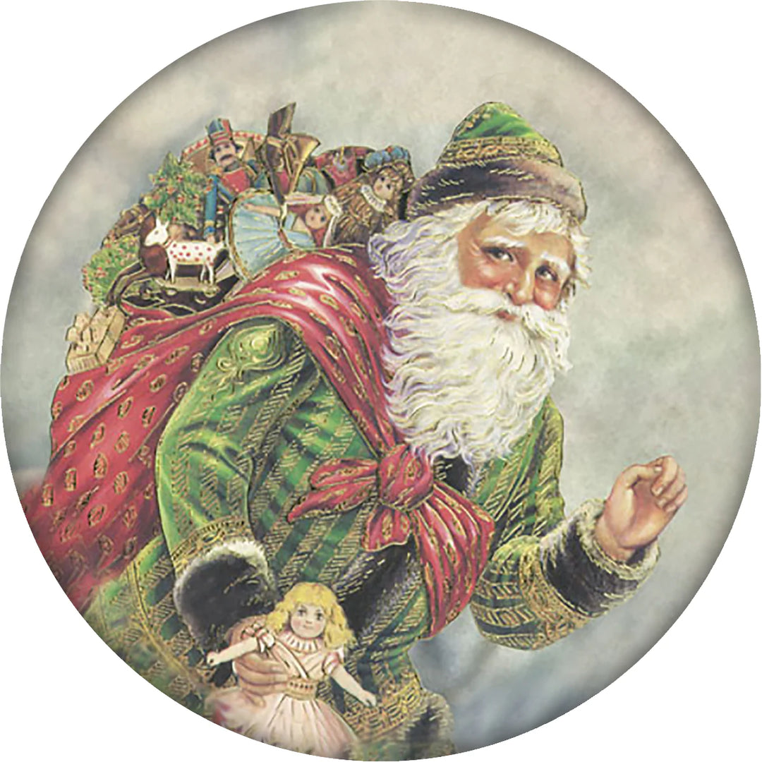 4 Inch Round Ceramic Coaster Set, Historic Santa in Green, 2 Sets of 4, 8 Pieces - Christmas by Krebs Wholesale