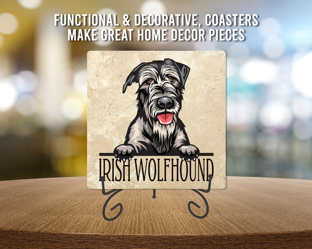 [Set of 4] 4" Premium Absorbent Travertine Dog Lovers Square Coaster - Irish Wolfhound