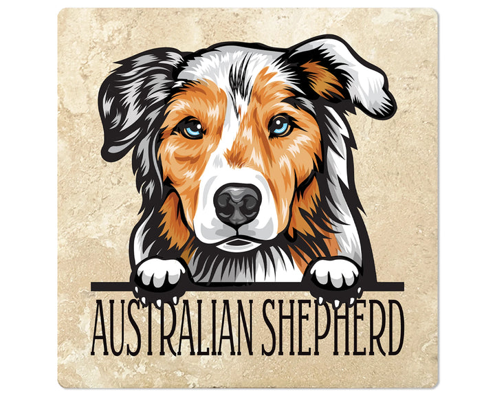 [Set of 4] 4" Square Premium Absorbent Travertine Dog Lover Coasters - Adult Australian Shepherd - Christmas by Krebs Wholesale