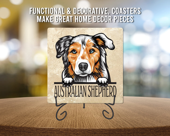 [Set of 4] 4" Premium Absorbent Travertine Dog Lovers Square Coaster - Adult Australian Shepherd