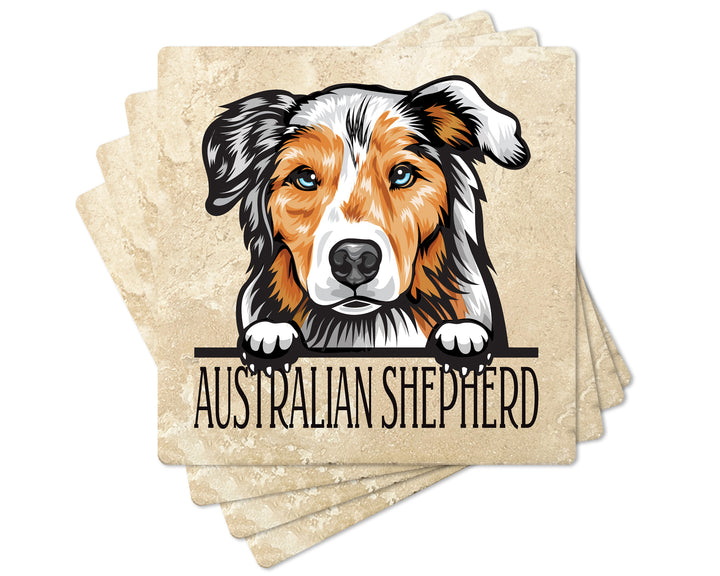 [Set of 4] 4" Premium Absorbent Travertine Dog Lovers Square Coaster - Adult Australian Shepherd