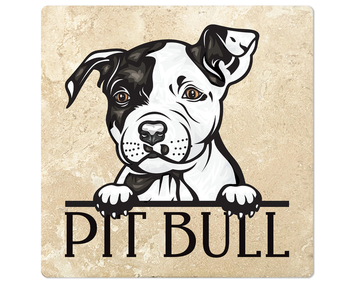 [Set of 4] 4" Premium Absorbent Travertine Dog Lovers Square Coaster - Pit Bull Puppy