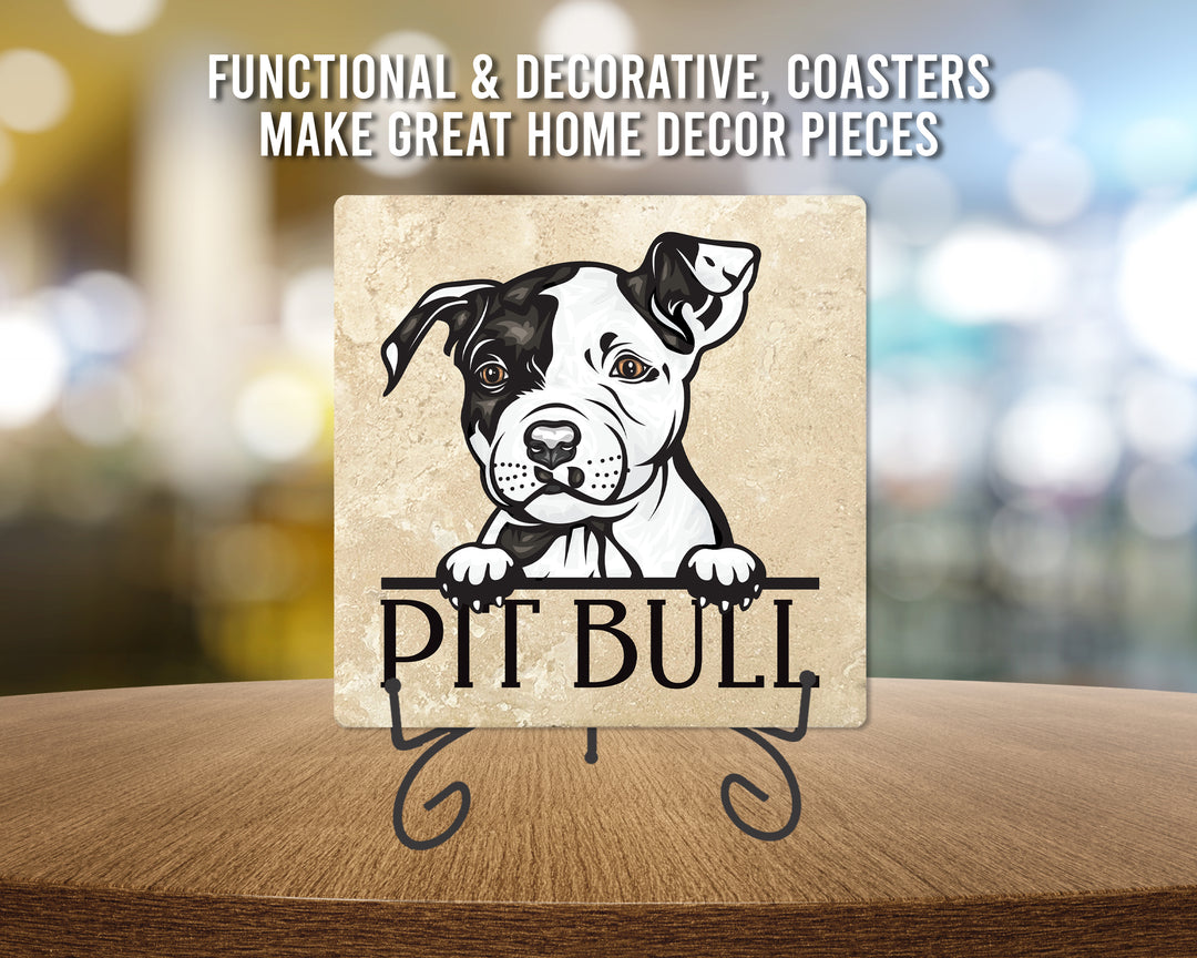 [Set of 4] 4" Premium Absorbent Travertine Dog Lovers Square Coaster - Pit Bull Puppy