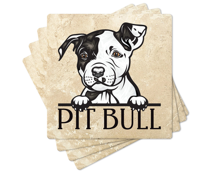 [Set of 4] 4" Premium Absorbent Travertine Dog Lovers Square Coaster - Pit Bull Puppy