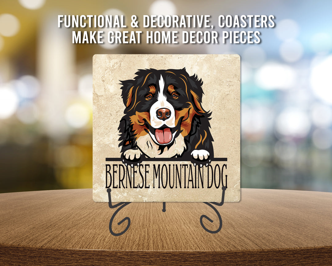 [Set of 4] 4" Premium Absorbent Travertine Dog Lovers Square Coaster - Bernese Mountain Dog