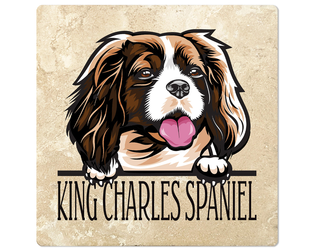 [Set of 4] 4" Premium Absorbent Travertine Dog Lovers Square Coaster - King Charles Spaniel