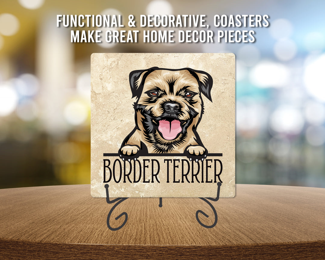 [Set of 4] 4" Premium Absorbent Travertine Dog Lovers Square Coaster - Border Terrier