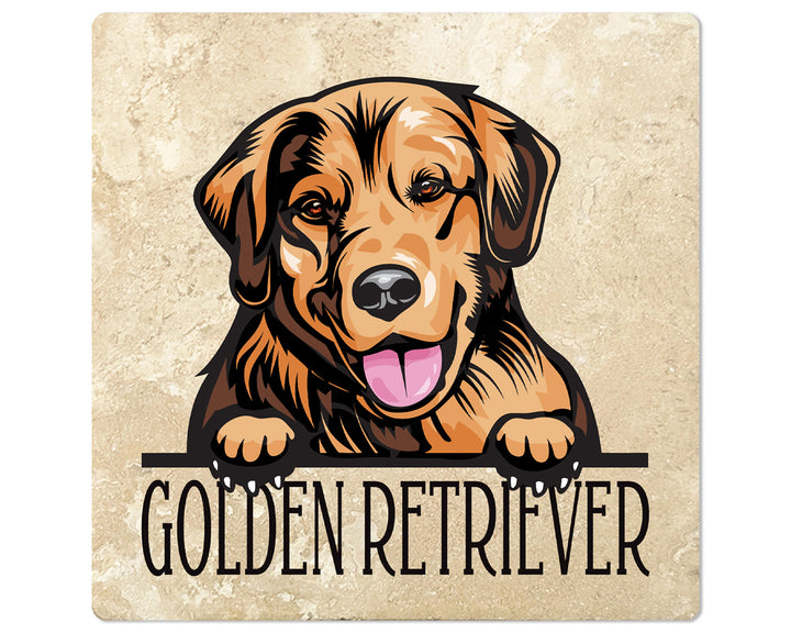 [Set of 4] 4" Premium Absorbent Travertine Dog Lovers Square Coaster - Golden Retriever