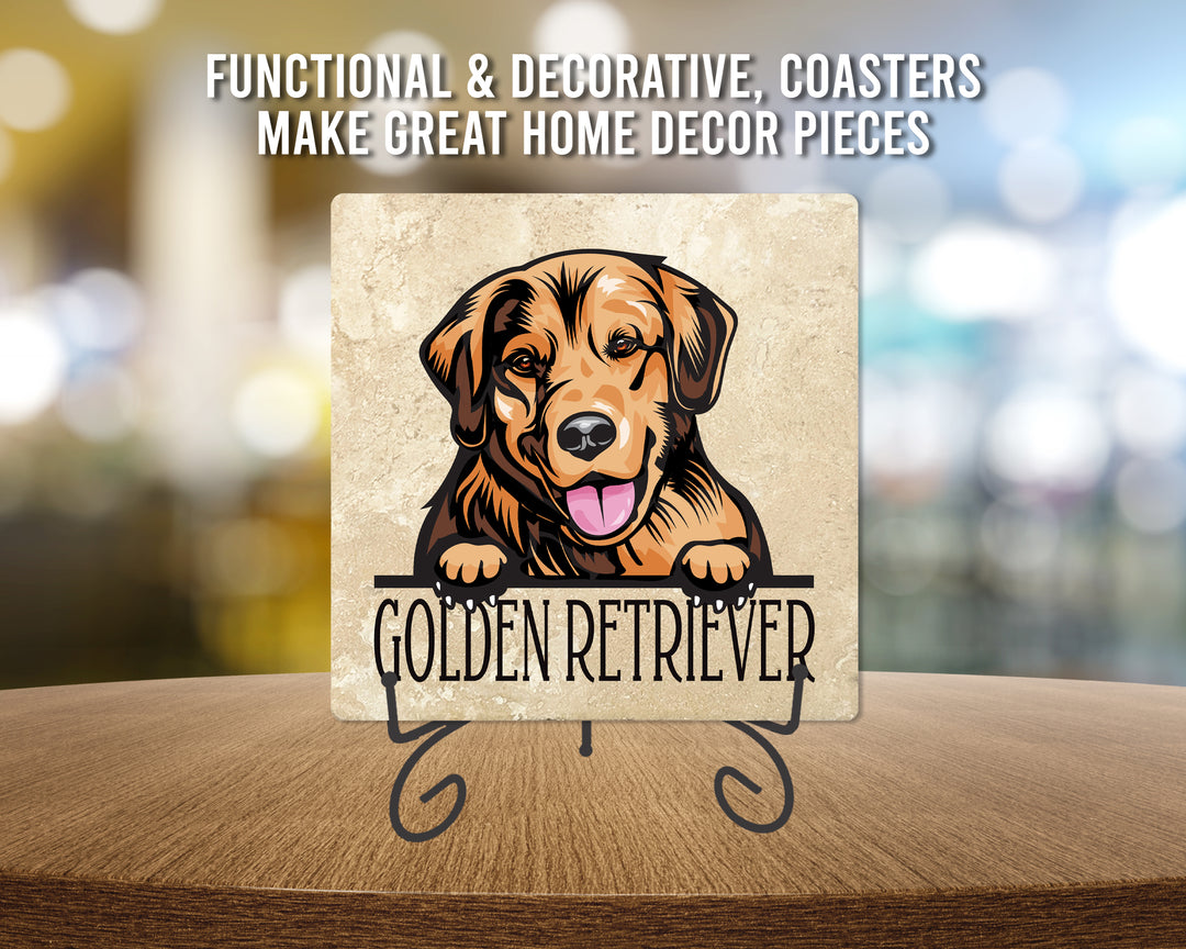 [Set of 4] 4" Premium Absorbent Travertine Dog Lovers Square Coaster - Golden Retriever