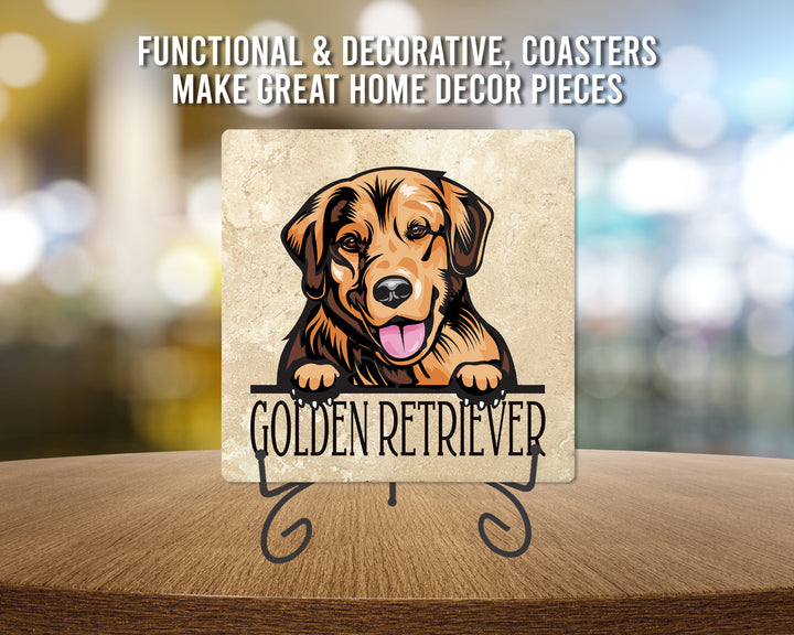 [Set of 4] 4" Premium Absorbent Travertine Dog Lovers Square Coaster - Golden Retriever