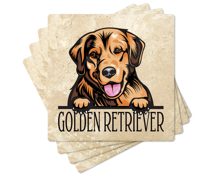 [Set of 4] 4" Premium Absorbent Travertine Dog Lovers Square Coaster - Golden Retriever