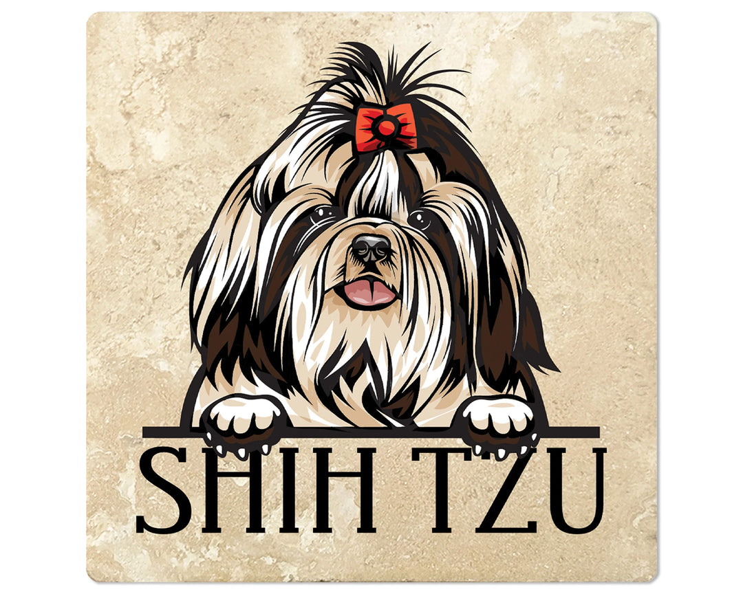 [Set of 4] 4" Square Premium Absorbent Travertine Dog Lover Coasters - Shih Tzu - Christmas by Krebs Wholesale