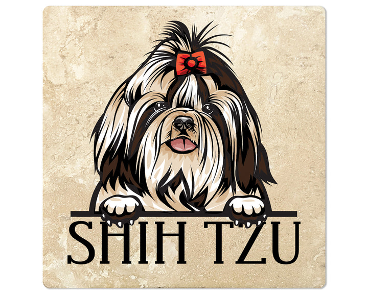 [Set of 4] 4" Premium Absorbent Travertine Dog Lovers Square Coaster - Shih Tzu
