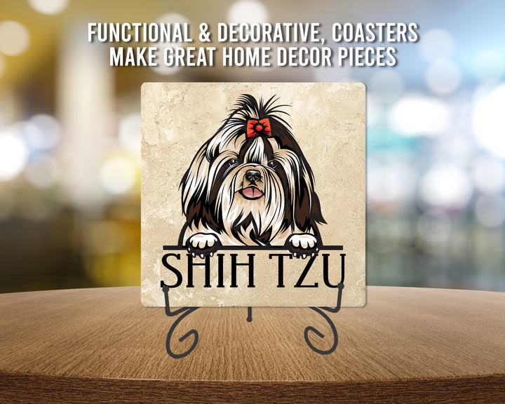 [Set of 4] 4" Premium Absorbent Travertine Dog Lovers Square Coaster - Shih Tzu