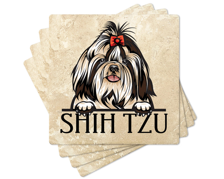 [Set of 4] 4" Premium Absorbent Travertine Dog Lovers Square Coaster - Shih Tzu