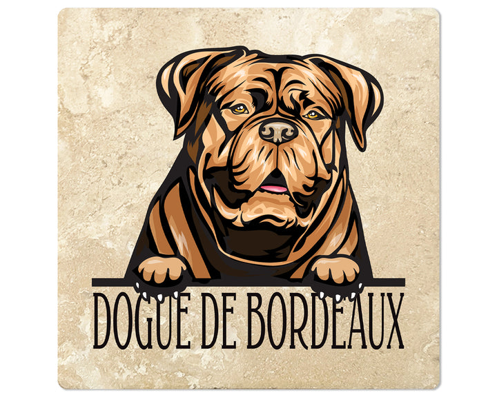 [Set of 4] 4" Premium Absorbent Travertine Dog Lovers Square Coaster - Light Brown Dogue De Bordeaux