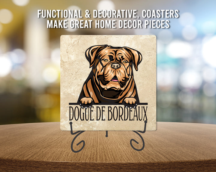 [Set of 4] 4" Premium Absorbent Travertine Dog Lovers Square Coaster - Light Brown Dogue De Bordeaux