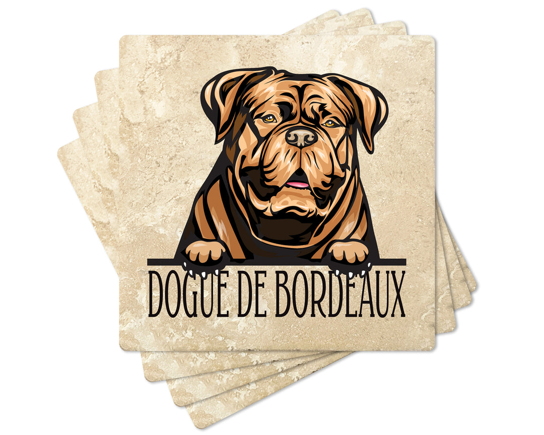 [Set of 4] 4" Premium Absorbent Travertine Dog Lovers Square Coaster - Light Brown Dogue De Bordeaux