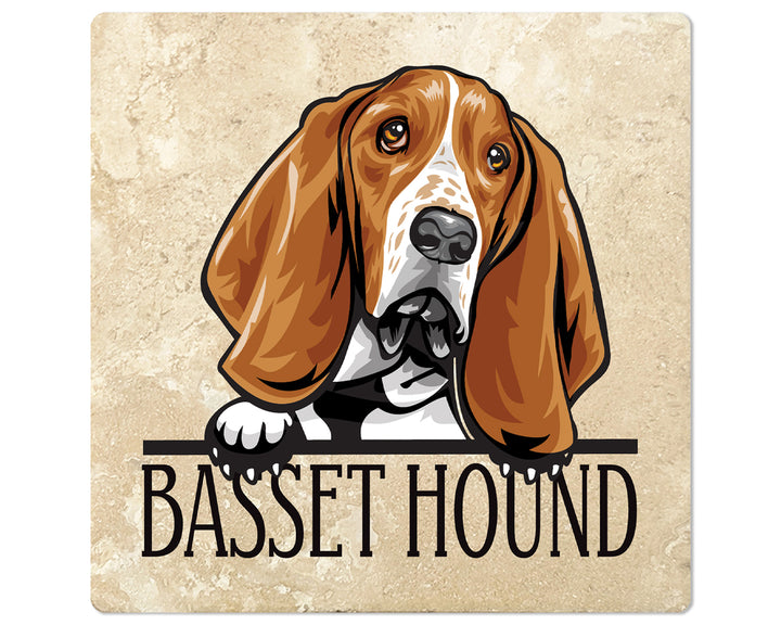 [Set of 4] 4" Premium Absorbent Travertine Dog Lovers Square Coaster - Basset Hound