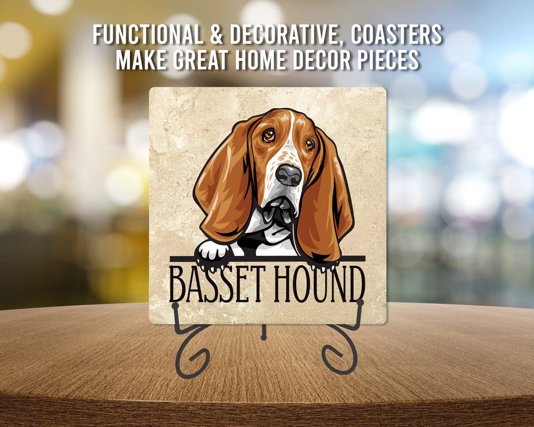 [Set of 4] 4" Premium Absorbent Travertine Dog Lovers Square Coaster - Basset Hound