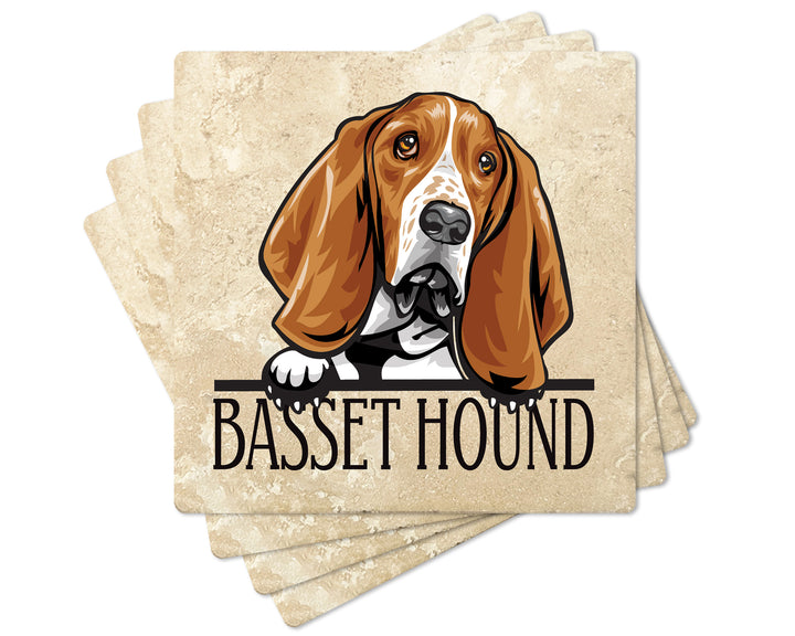 [Set of 4] 4" Premium Absorbent Travertine Dog Lovers Square Coaster - Basset Hound