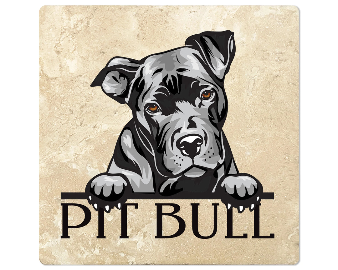 [Set of 4] 4" Square Premium Absorbent Travertine Dog Lover Coasters - Young Pit Bull - Christmas by Krebs Wholesale