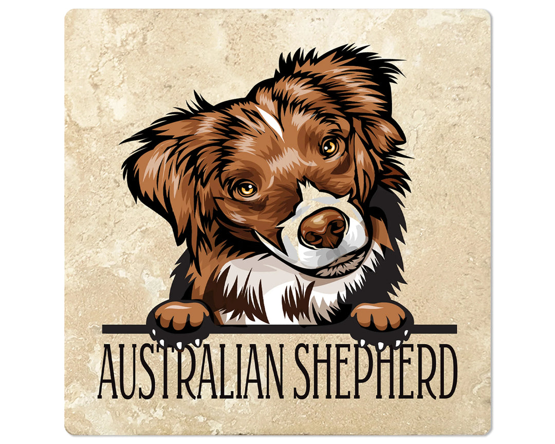 [Set of 4] 4" Square Premium Absorbent Travertine Dog Lover Coasters - Australian Shepherd Puppy - Christmas by Krebs Wholesale