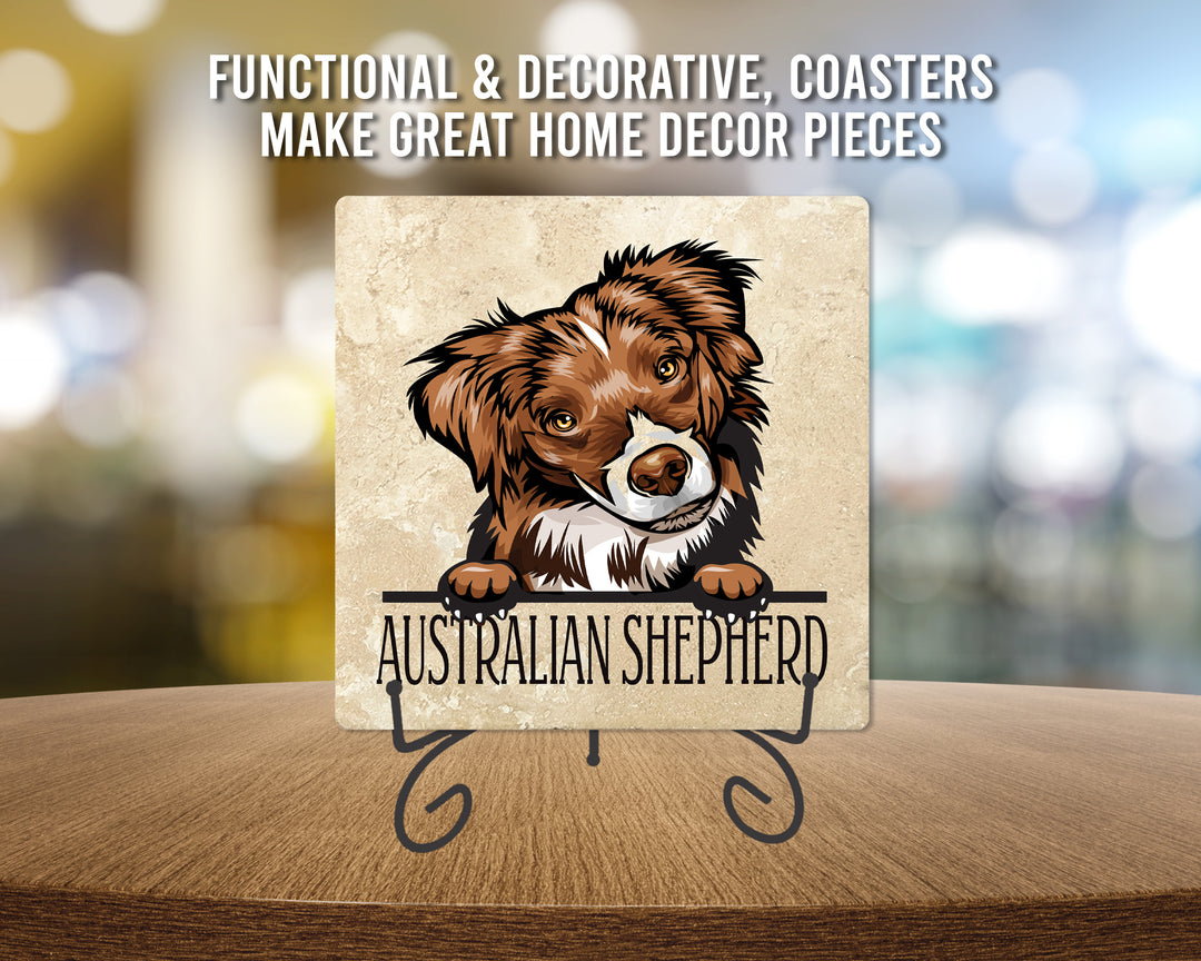 [Set of 4] 4" Premium Absorbent Travertine Dog Lovers Square Coaster - Australian Shepherd Puppy