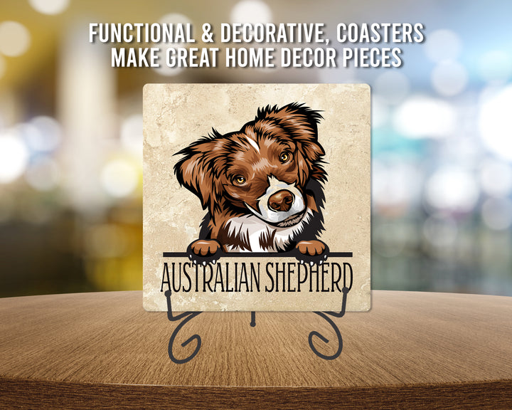[Set of 4] 4" Premium Absorbent Travertine Dog Lovers Square Coaster - Australian Shepherd Puppy