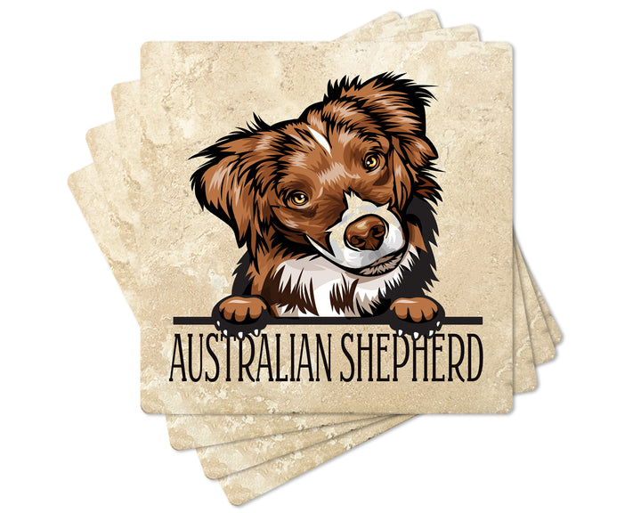 [Set of 4] 4" Premium Absorbent Travertine Dog Lovers Square Coaster - Australian Shepherd Puppy