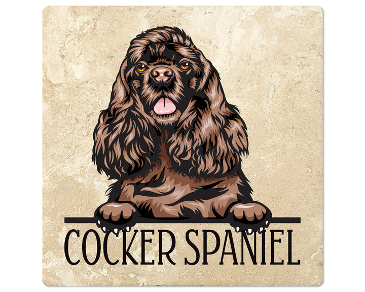 [Set of 4] 4" Premium Absorbent Travertine Dog Lovers Square Coaster - Dark Brown Cocker Spaniel