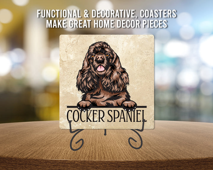 [Set of 4] 4" Premium Absorbent Travertine Dog Lovers Square Coaster - Dark Brown Cocker Spaniel