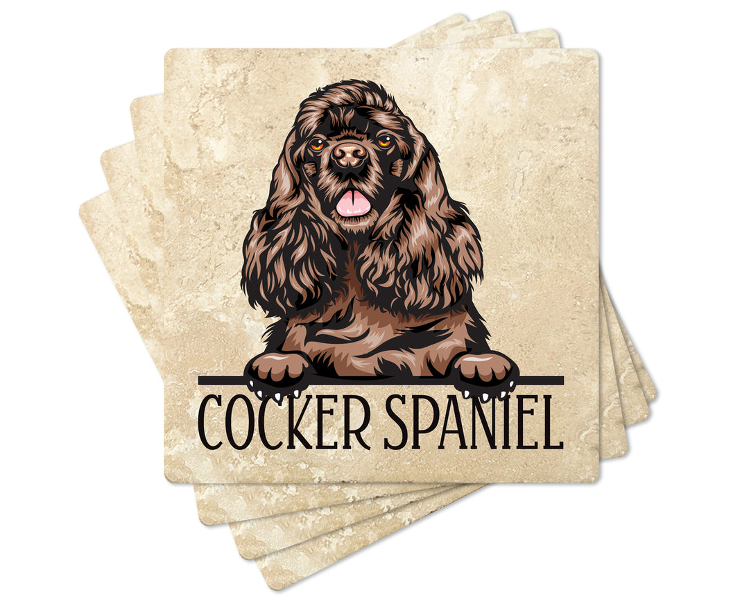 [Set of 4] 4" Premium Absorbent Travertine Dog Lovers Square Coaster - Dark Brown Cocker Spaniel