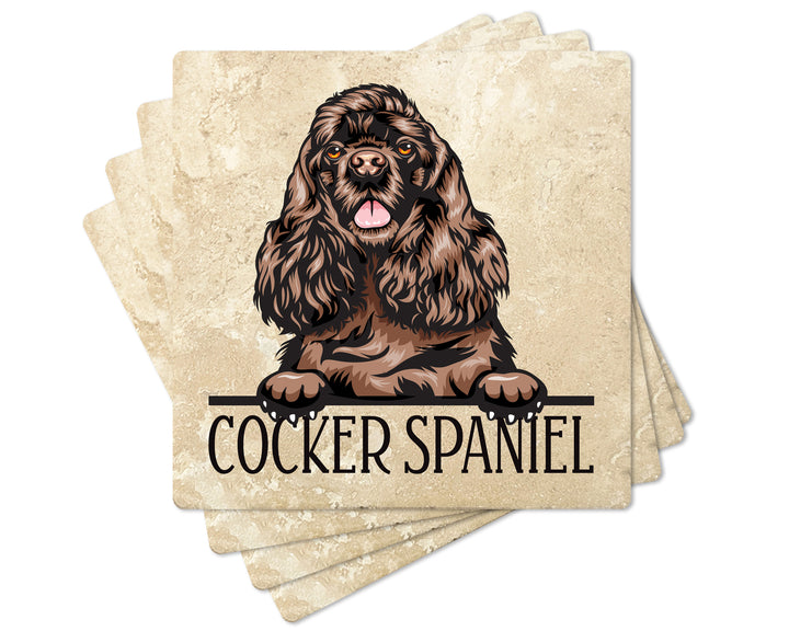 [Set of 4] 4" Premium Absorbent Travertine Dog Lovers Square Coaster - Dark Brown Cocker Spaniel