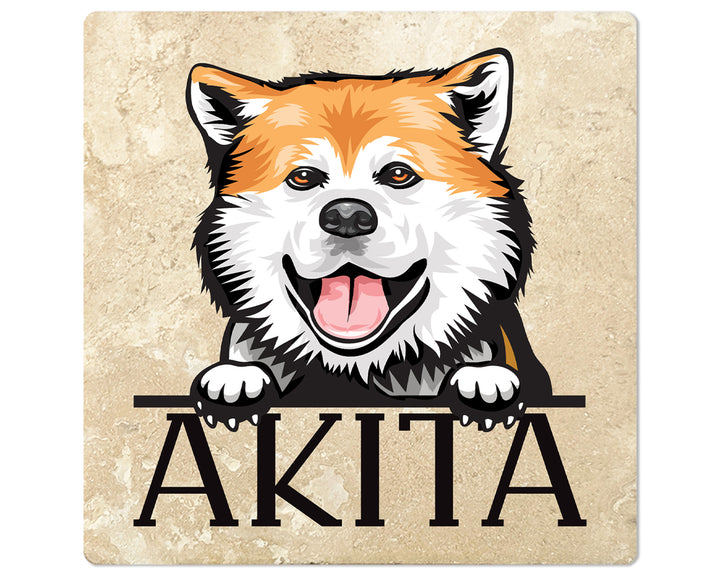 [Set of 4] 4" Premium Absorbent Travertine Dog Lovers Square Coaster - Akita
