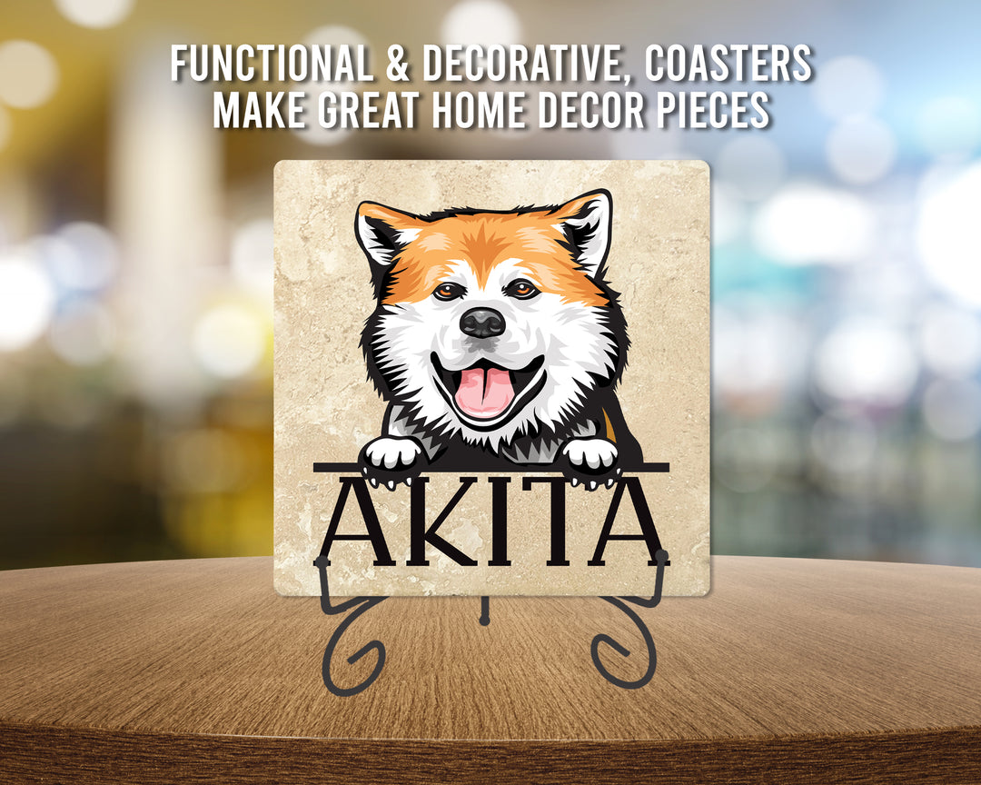 [Set of 4] 4" Premium Absorbent Travertine Dog Lovers Square Coaster - Akita
