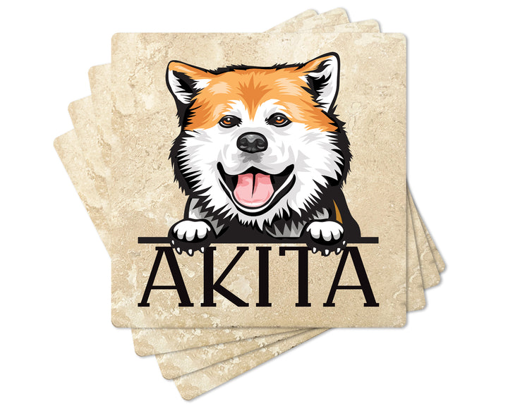 [Set of 4] 4" Premium Absorbent Travertine Dog Lovers Square Coaster - Akita