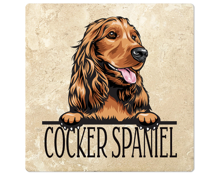 [Set of 4] 4" Premium Absorbent Travertine Dog Lovers Square Coaster - Light Brown Cocker Spaniel