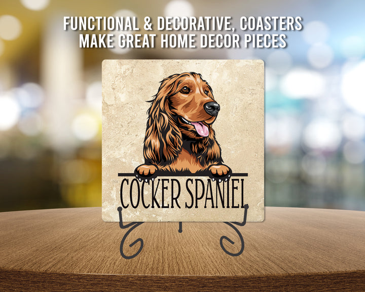 [Set of 4] 4" Premium Absorbent Travertine Dog Lovers Square Coaster - Light Brown Cocker Spaniel